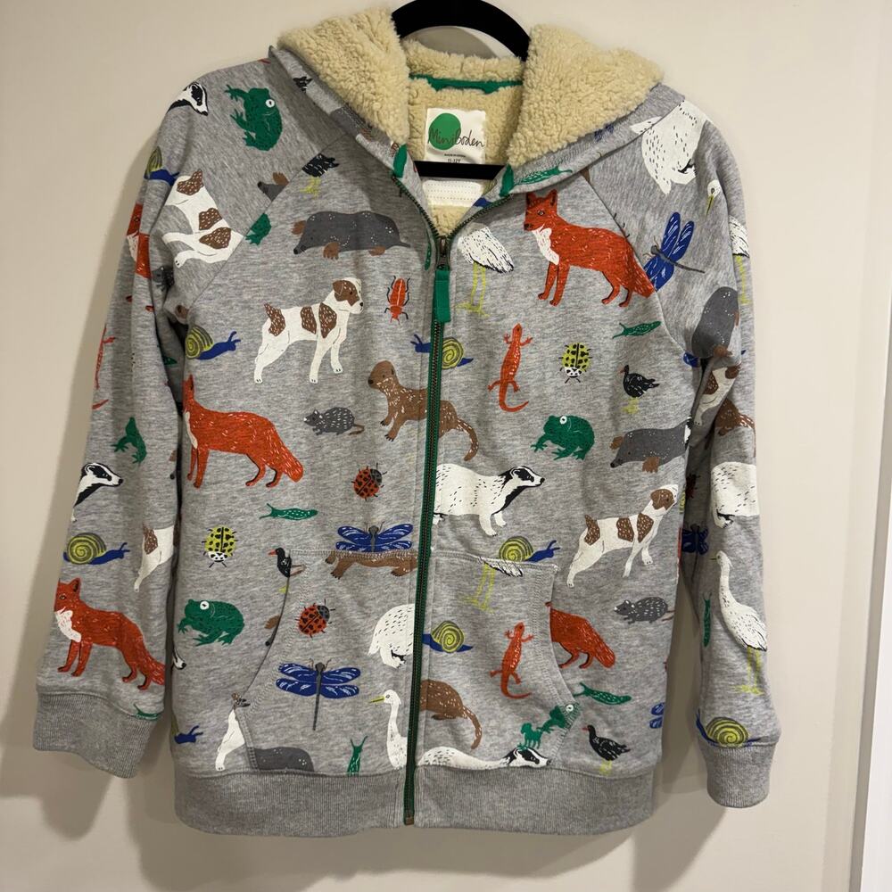 Mini Boden Boys Forest Animal Zip Up Hooded Sweatshirt Jacket Sherpa Size 11-12Y